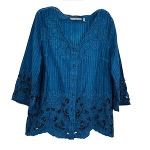 Soft Surroundings Esme Blouse Lace Button Down Top Blue Size Large Coastal